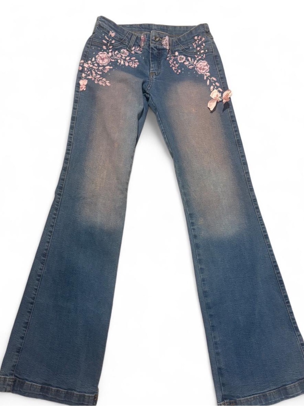 Y2K Women’s Blue Flare Jeans with Pink Floral Embroidery from Brazil